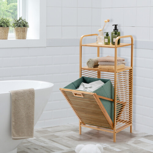 Costway Tilt-out Laundry Hamper Bamboo Wood Laundry Shelf Space-saving Hamper 2