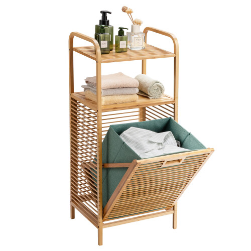 Costway Tilt-out Laundry Hamper Bamboo Wood Laundry Shelf Space-saving Hamper