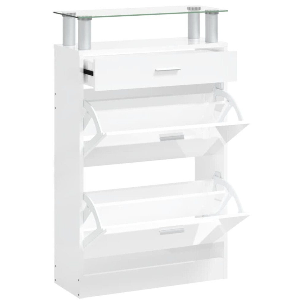 (High gloss white) vidaXL Shoe Cabinet with a Drawer and a Top Glass Shelf Wood Multi Colours