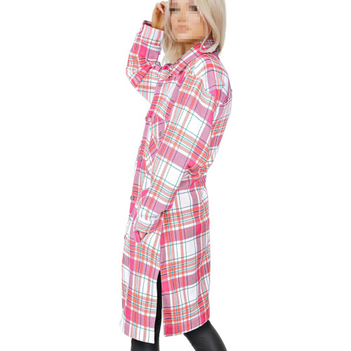 (L, Pink Check) Ladies Longline Shacket Pink Checked Jacket 2