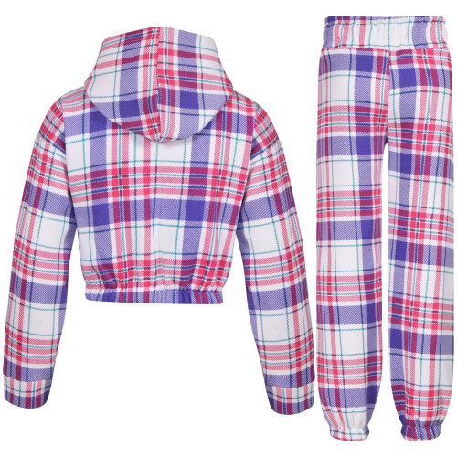 (13 Years, Purple Check) Kids Girls Purple Check Tie Dye Tracksuit 2