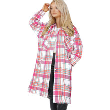 (L, Pink Check) Ladies Longline Shacket Pink Checked Jacket