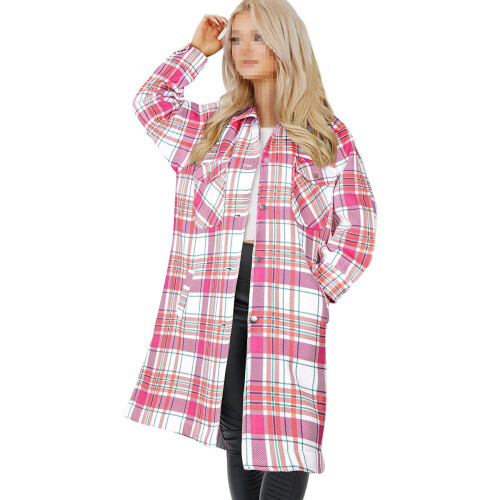 (L, Pink Check) Ladies Longline Shacket Pink Checked Jacket
