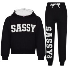 (9-10 Years, Black & White) Kids Girls Sassy Print Black & White Tracksuit