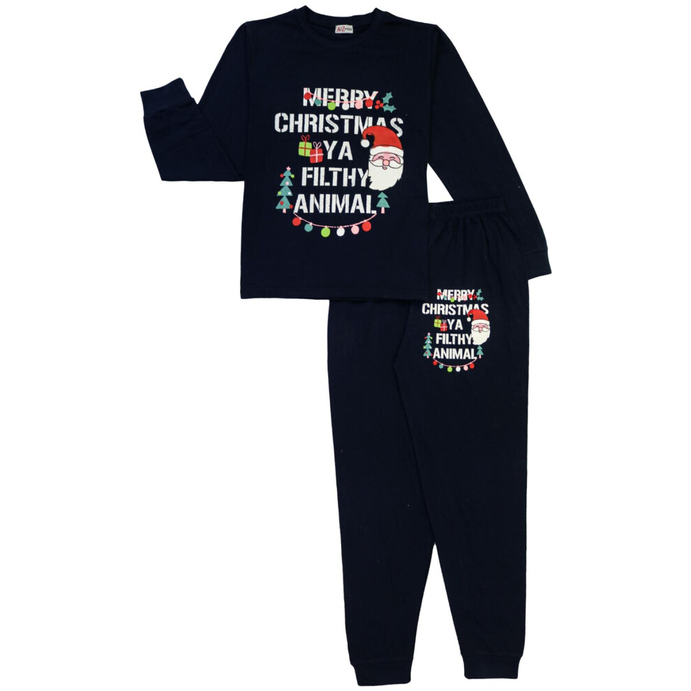 (9-10 Years, Navy Blue) Kids Girls Boys Navy Ya Filthy Animal Xmas Pyjamas