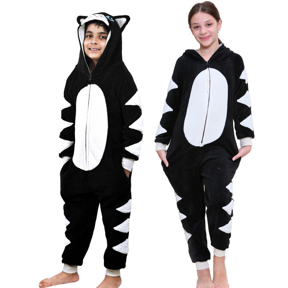 (13 Years, Black) Unisex Fleece Onesie Black Cat Pyjamas Jumpsuit