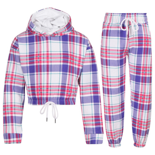 (13 Years, Purple Check) Kids Girls Purple Check Tie Dye Tracksuit