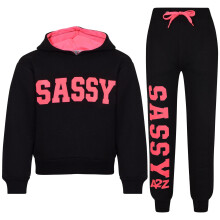 (7-8 Years, Black & Neon Pink) Kids Girls Sassy Print Black & Neon Pink Tracksuit
