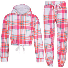 (13 Years, Pink Check) Kids Girls Pink Check Tie Dye Tracksuit
