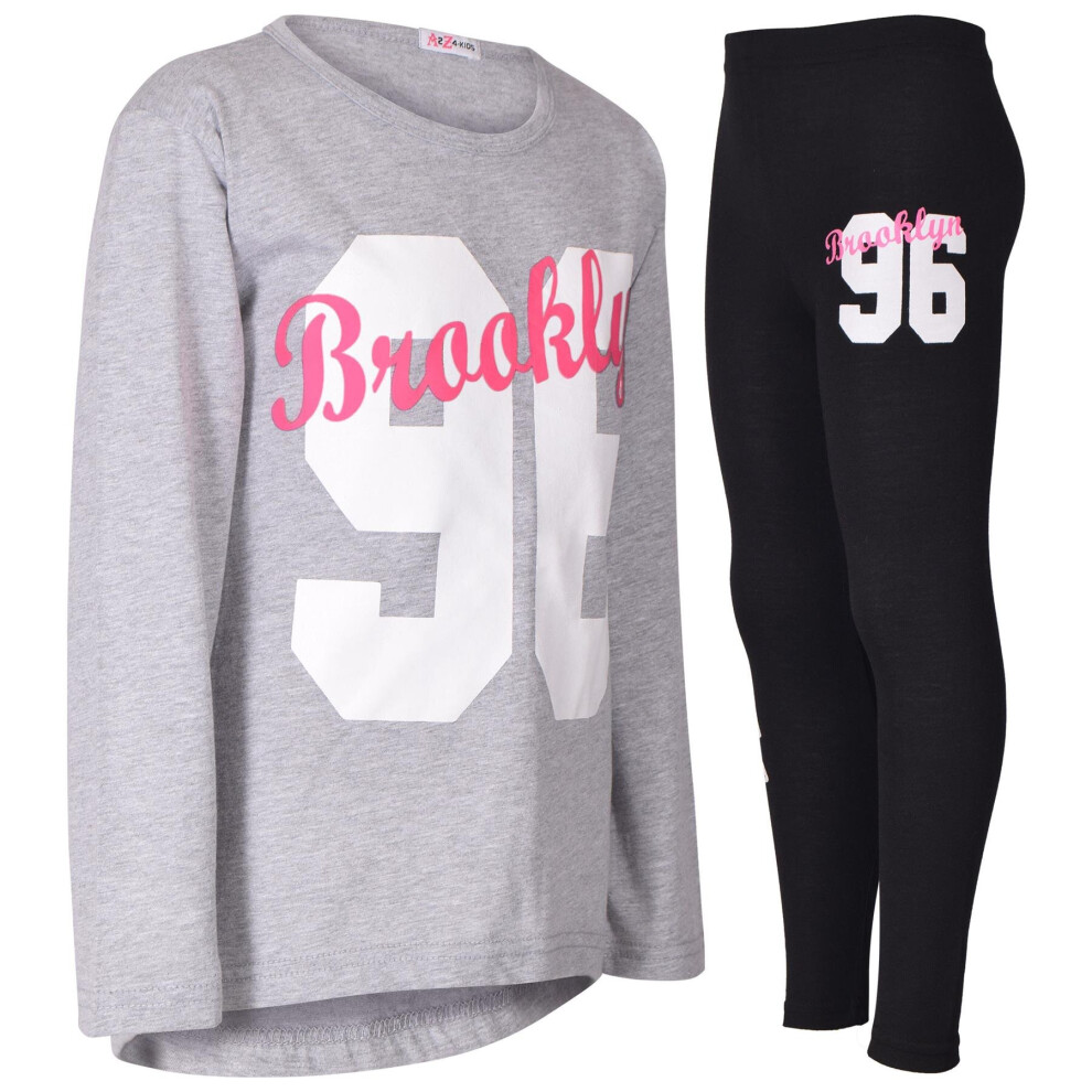 (13-14 Years, Grey) Girls Brooklyn Print Contrast Top & Legging Set