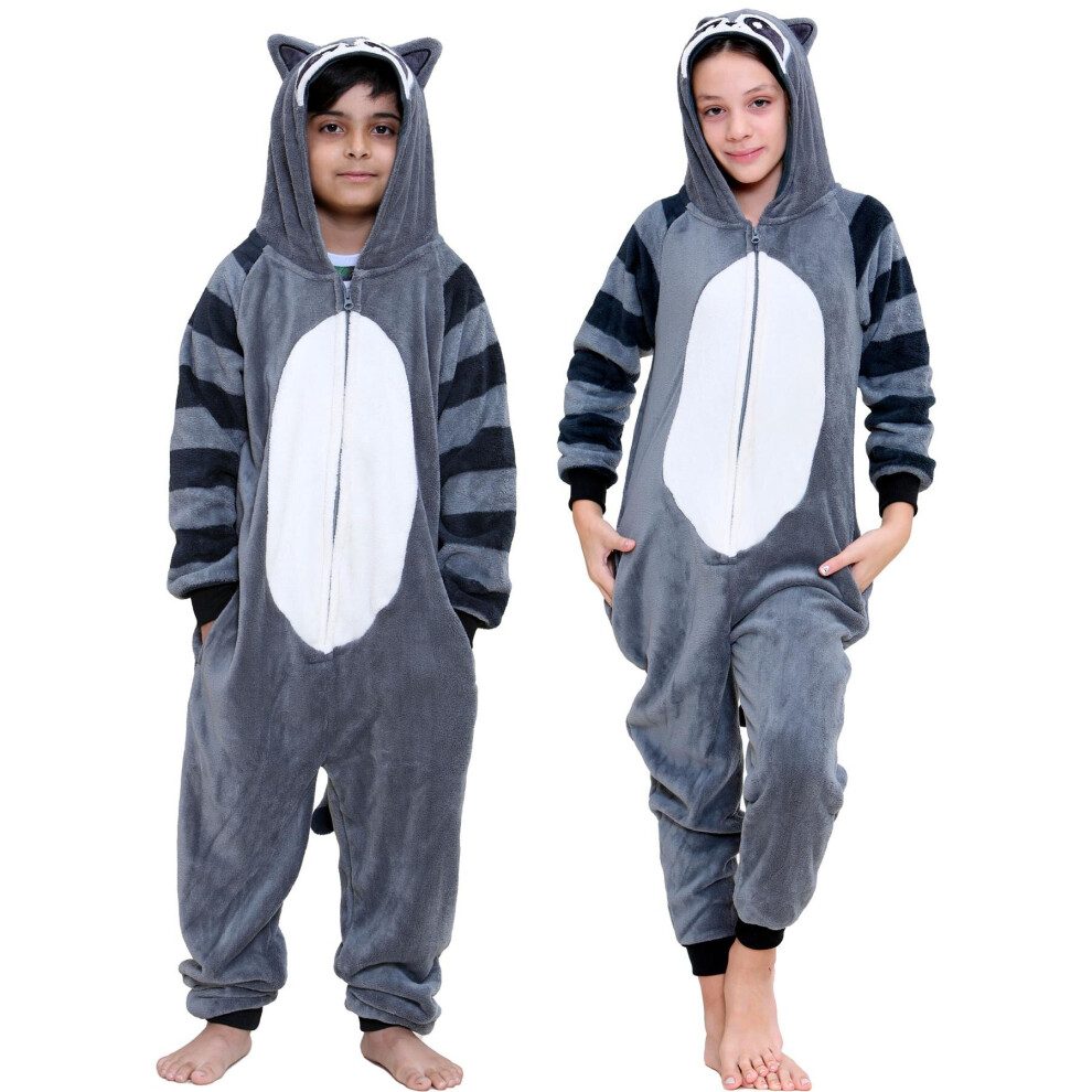 A2zkids (11-12 Years, Raccoon) Kids Unisex Fleece Onesie Jumpsuit Raccon Pyjamas Multicoloured