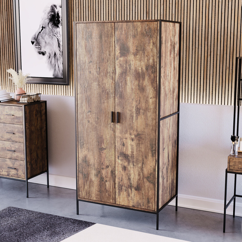 (Dark Wood) Brooklyn 2 Door Wardrobe Industrial Furniture