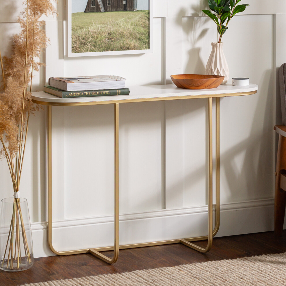 (White Faux Marble and Gold Legs) Curved Entry Console Foyer Side Table Living Room