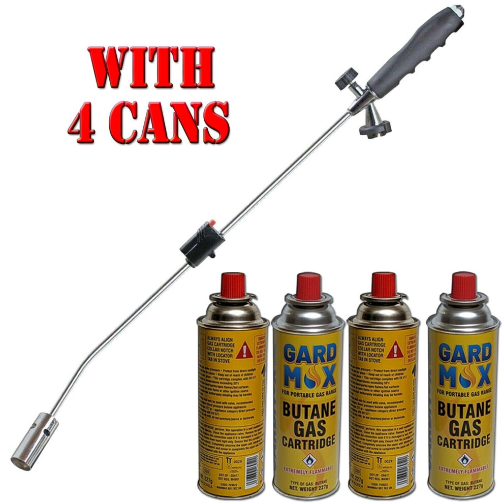 GAS WEED WAND BLOWTORCH BURNER KILLER GARDEN TORCH BLASTER + 4 BUTANE GAS WEEDS