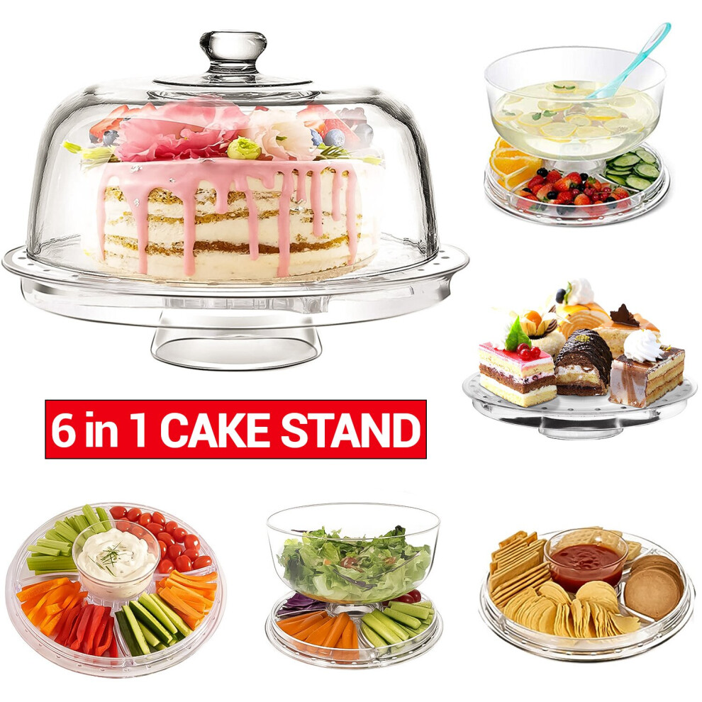 6 IN 1 Modern Design Multi Functional Cake Stand & Dome Plastic Cover Salad Bowl