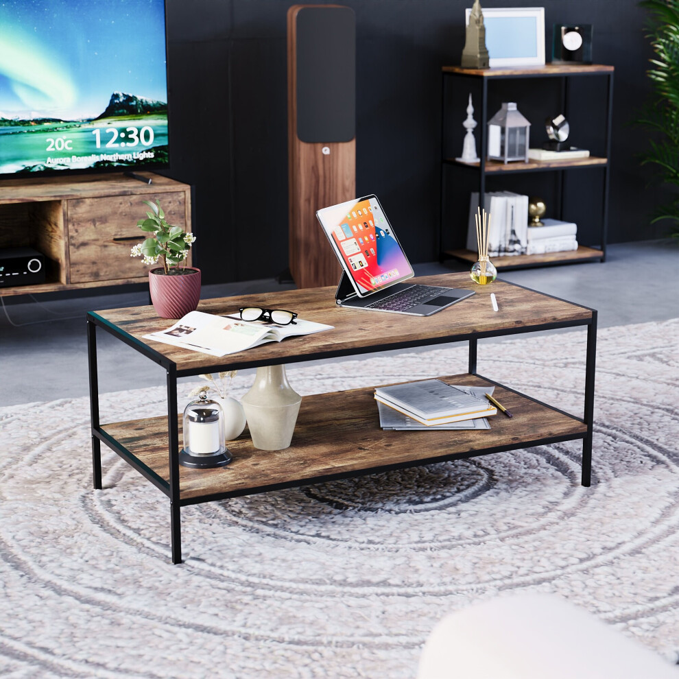 (Dark Wood) Brooklyn Industrial 2 Tier Open Shelf Coffee Table