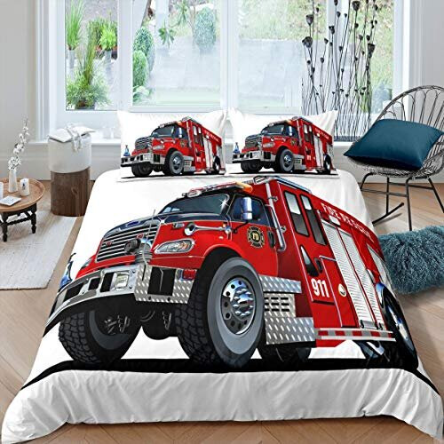 Red Fire Truck Car Bedding Set Firefighter Comforter Set Fire Engine Comforter For Kids Room Decor Firemen Car Vehicle Duvet Set Geometric Lattice Grid Full Size With 2 Pillow Case