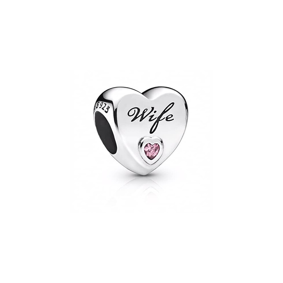 S925 Sterling Silver Wife Love Heart Charm fits Pandora Moments Bead Charms Bracelet Gift for Women (Pink)