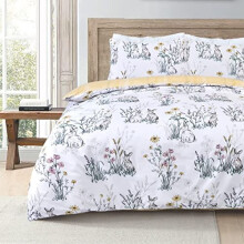 Sleepdown Rabbit Meadow Floral White Ochre Plaid Check Reversible Duvet Cover Quilt Pillow Cases Bedding Set Soft Easy Care - King (230cm x 220cm)