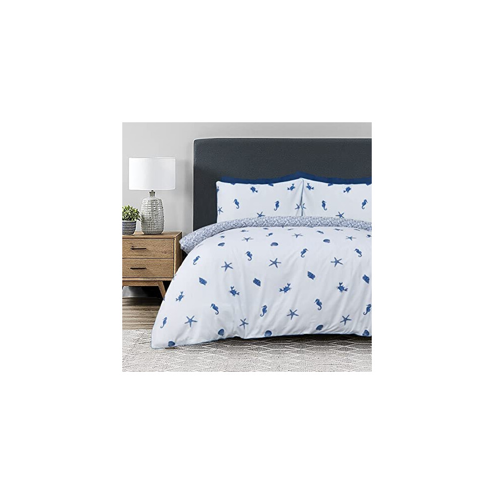 Sleepdown Sea Shore Nautical Waves White Blue Reversible Duvet Cover Quilt Pillow Cases Bedding Set Pipe Edge Soft Easy Care - Super King (220cm x