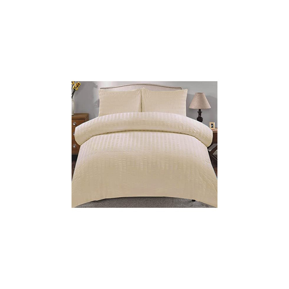 Northern Luxe Seersucker Stripe Duvet Quilt Cover with Pillows Polycotton Luxury Easy Care Soft Bedding Set white (Late, King)