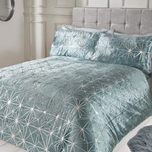 Sleepdown Geometric Duvet Cover with Pillow Cases Luxury Silver Shimmer Sparkle Velvet Bedding Set - Blue - Super King (220cm x 260cm)