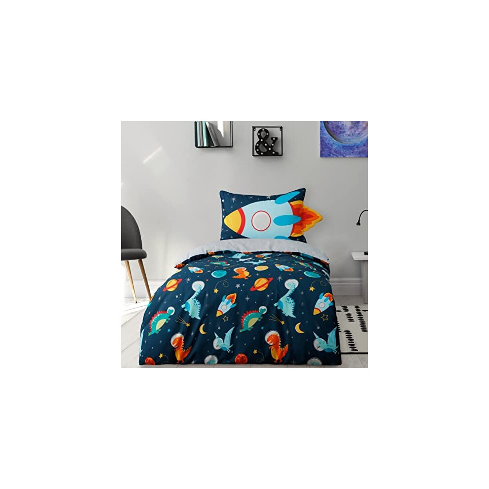 Sleepdown Dinospace Rocket Stars Navy Multi Reversible Duvet Cover Quilt Pillow Case Bedding Set Soft Easy Care - Single (135cm X 200cm)