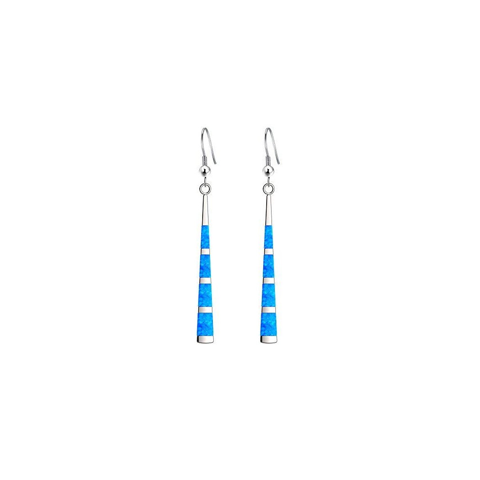 Lanmpu 925 Sterling Silver With Simple Classic Long Stripe Blue Green Fire Opal Inlay Drop Earrings For Women And Girls Blue,Green,Silver