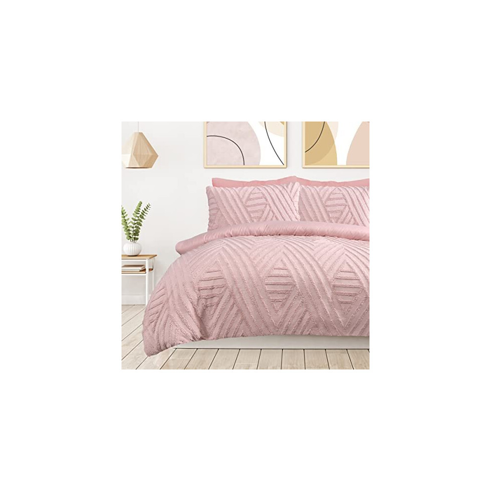 Sleepdown Geometric Textured Tufted Diamond Blush Pink Duvet Cover Quilt Pillow Cases Bedding Set Soft Easy Care - King (230cm x 220cm)