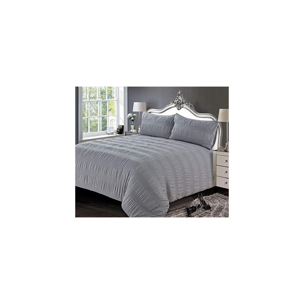 King"Nice" Grey Duvet Quilt Cover Bedding Set With Seersucker Puckered Effect