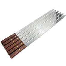 Long BBQ Barbecue Skewers, Wooden Handel Set of 8 BBQ Grilling Kebab Skewers Flat Reusable Metal Skewer Sticks for BBQ, Cocktail, Shish Kabob, Party