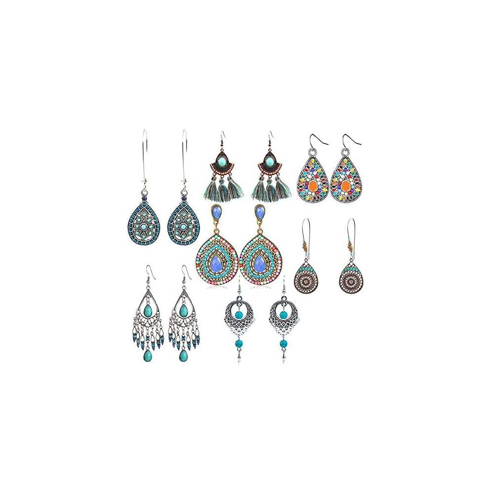 7 Pairs Bohemian Earrings Vintage Dangle Drop Hook Earrings Metal Retro Rhinestone Stud Earrings Boho Pierced Earrings Gypsy Earrings Set Hollow Leaf