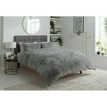 Teddy Bear Hug & Snug Shaggy Duvet Cover Set Warm Fleece Christmas Bedding Set (Silver, Double)