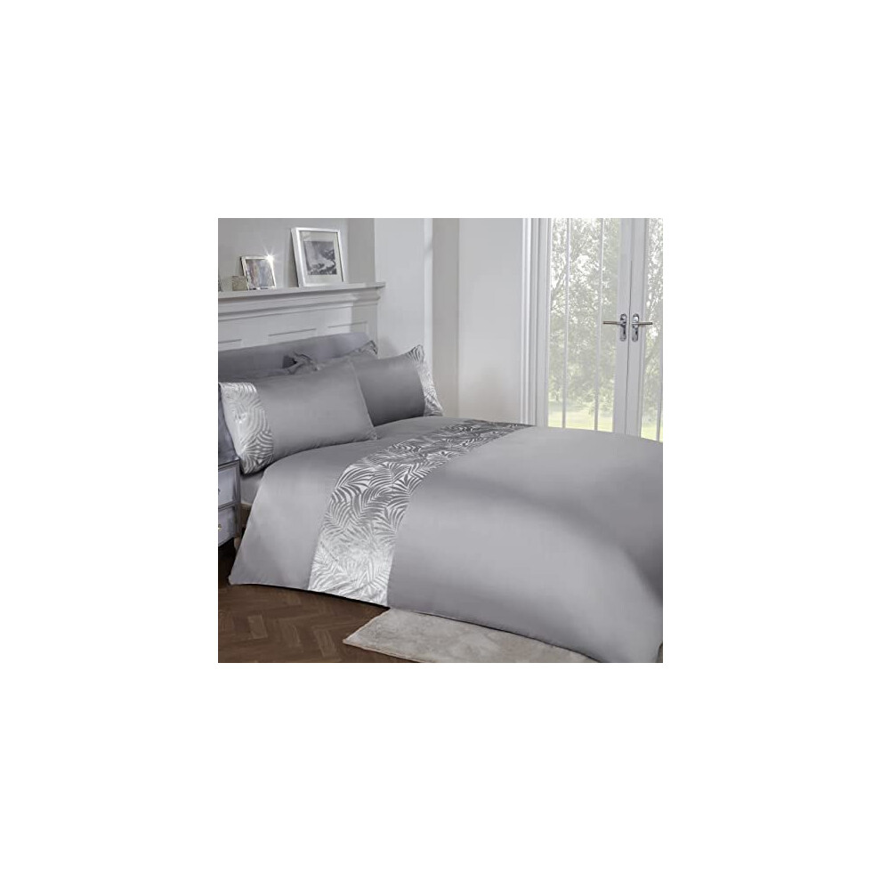 Sleepdown Floral Leaf Velvet Cuff Panel Silver Grey Luxury Soft Easy Care Duvet Cover Quilt Bedding Set with Pillowcase - Single (135cm x 200cm)