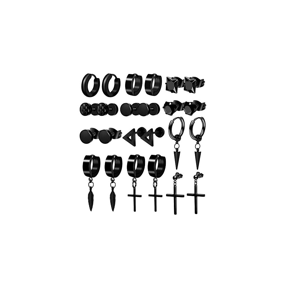 ONESING 12 Pairs Earrings for Men Black Stud Earrings Mens Earrings Black Thin Hoop Earrings Stainless Steel Earrings Set Jewelry Piercings for Men