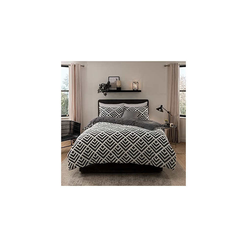 Sleepdown Geo Jacquard Fleece Thermal Warm Cosy Super Soft Duvet Cover Quilt Bedding Set with Pillow Case - Single (135cm x 200cm) - Charcoal Grey