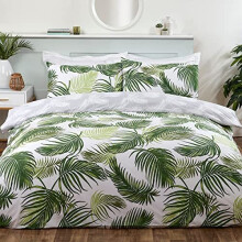Sleepdown Tropical Palm Leaves Floral Green White Grey Reversible Soft Easy Care Duvet Cover Quilt Bedding Set with Pillowcases - Double (200cm x