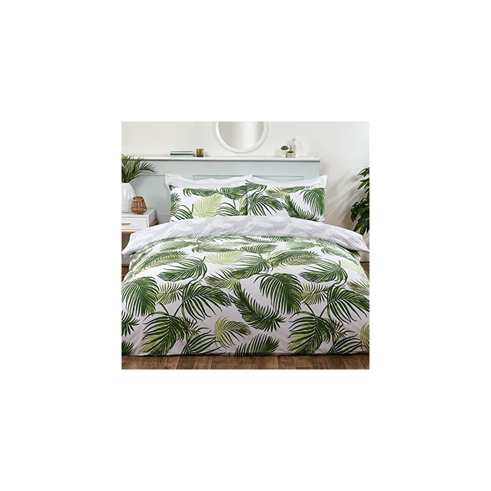 Sleepdown Tropical Palm Leaves Floral Green White Grey Reversible Soft Easy Care Duvet Cover Quilt Bedding Set with Pillowcases - Double (200cm x