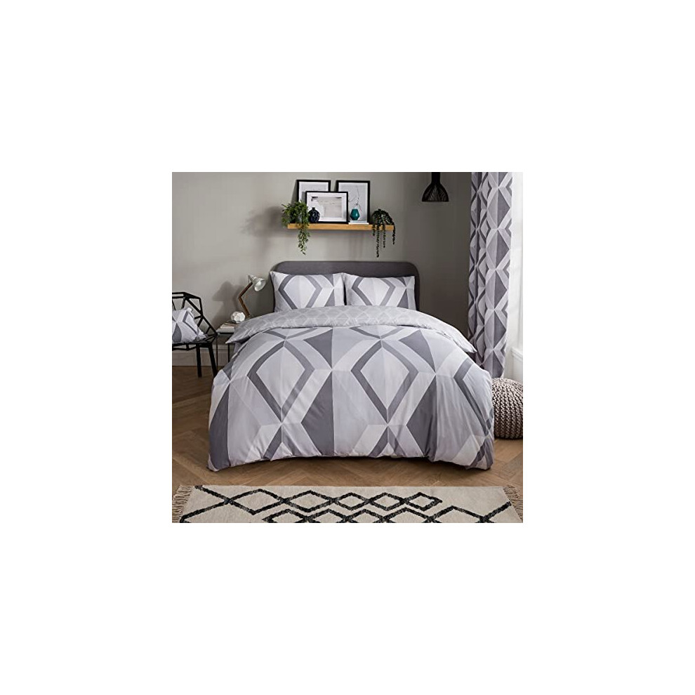 Sleepdown Large Diamond Geometric Grey Reversible Duvet Cover Quilt and Pillow Cases Bedding Set Soft Easy Care - Super King (220cm x 260cm)