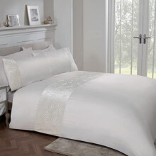 Sleepdown Floral Leaf Velvet Cuff Panel Ivory Cream Luxury Soft Easy Care Duvet Cover Quilt Bedding Set with Pillowcase - Single (135cm x 200cm)