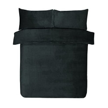 Sleepdown Waffle Fleece Thermal Warm Cosy Super Soft Duvet Cover Quilt Bedding Set with Pillow Cases - Double (200cm x 200cm) - Black