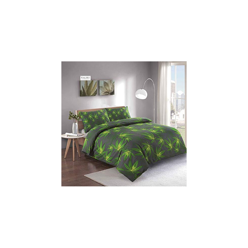 Papa Jones Cannabis Marijuana Leaf Weed print Duvet/Quilt Cover Set + 2 Pillow Cases 3 Piece bedding set Ltd. (Grey/Green, Double 200 x 200cm)