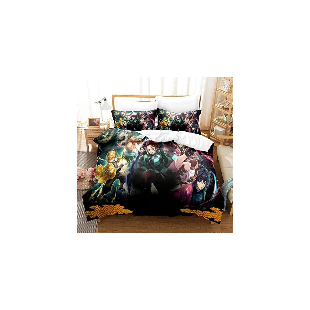 PTNQAZ Anime Demon Slayer Devil's Blade Duvet Cover Set Kimetsu No Yaiba Tanjirou Nezuko Cartoon Bedding Set For Girls (Double,1)