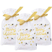 Gold Merry Christmas 50Pcs Christmas Drawstring Gift Bags Xmas Tree Gift Wrapping Bags Present Package Bag Plastic Sweet Treat Goody Chocolate Bag for