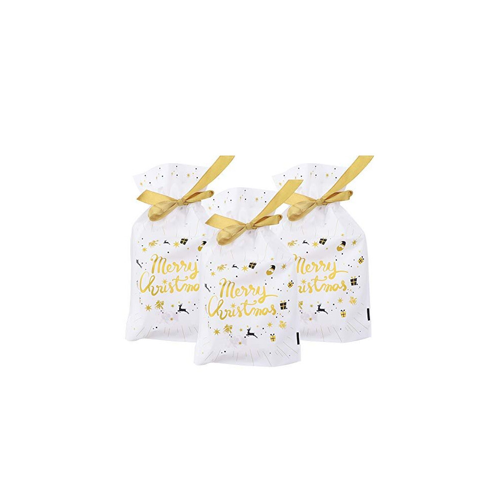 Gold Merry Christmas 50Pcs Christmas Drawstring Gift Bags Xmas Tree Gift Wrapping Bags Present Package Bag Plastic Sweet Treat Goody Chocolate Bag for