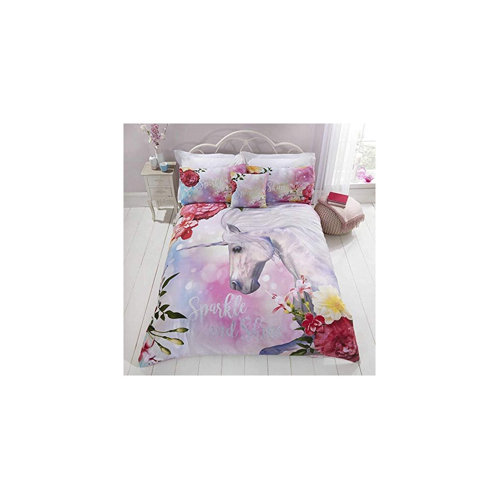Sparkle & Shine Pink Unicorn Floral Glitter Duvet Cover Quilt Linen Bedding Set (Double)