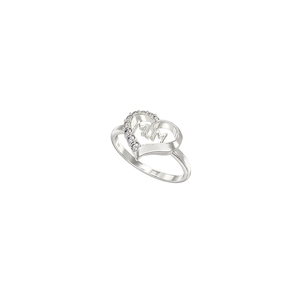 Aeon Jewellery Silver Mum Ring - 925 Sterling Silver & Cubic Zirconia Heart | Available in Sizes J - R | Polishing Cloth & Gift Box Included |