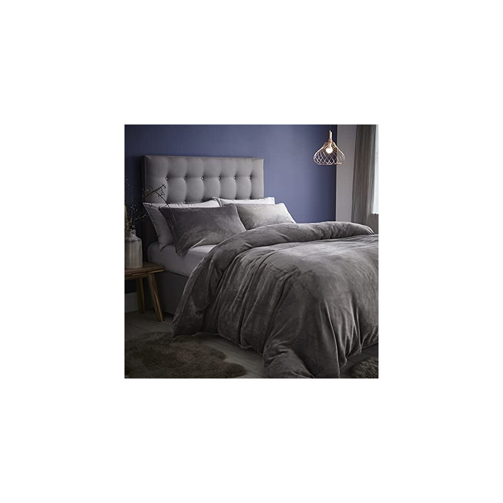 Silentnight Supersoft Velvet Teddy Fleece Reversible Soft Super Cosy and Warm, Easy Care, Grey Duvet Cover Bedding Set with Pillowcase - Single (135cm