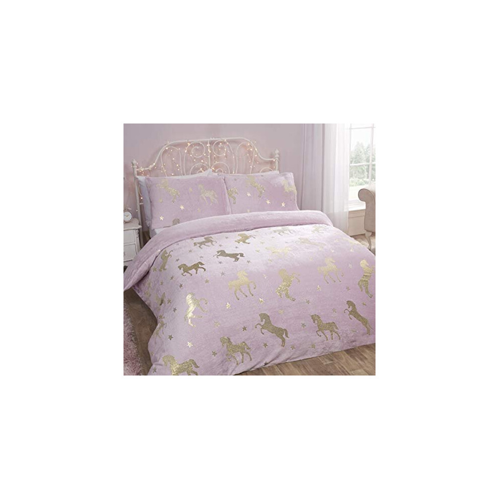 Sleepdown Foil Fleece Flannel Unicorn Blush Stars Reversible Soft Duvet Cover Quilt Bedding Set With Pillowcases - Double (200cm x 200cm)