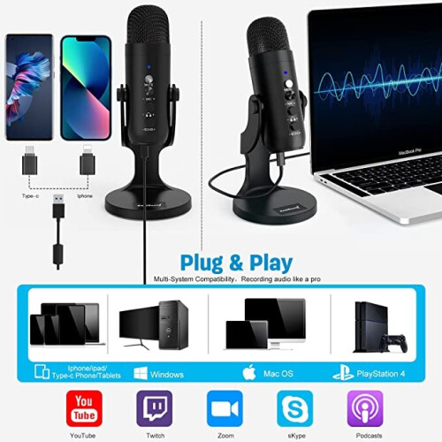 zealsound USB Microphone, Condenser PC Mic, W/Lightning adapter for iPhone 2